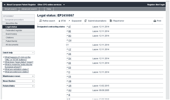 欧洲专利-查询专利法律状态